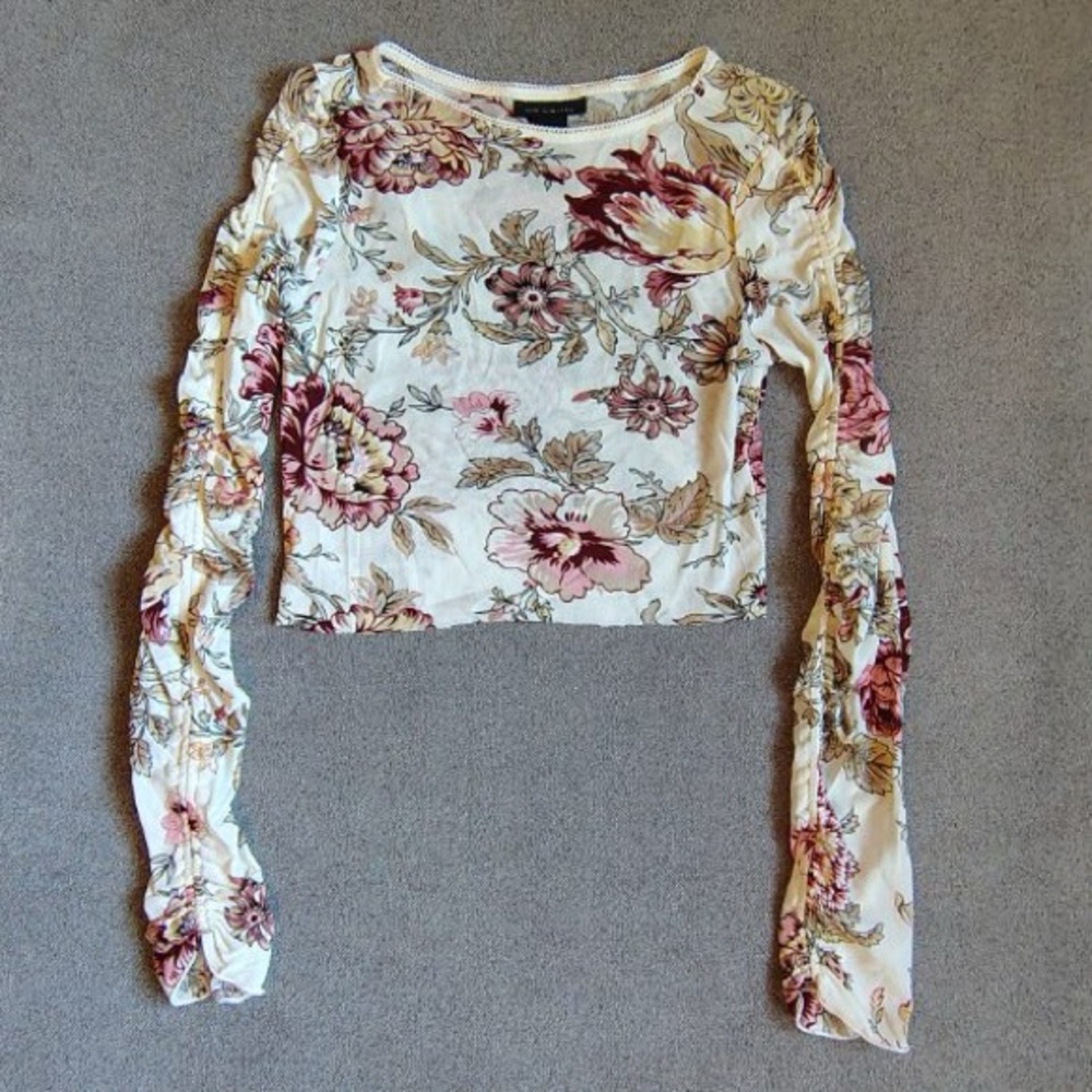 Vtg Y2K The Limited Floral Sheer Top Women S Mesh Crop Ruched Arm Fairycore USA